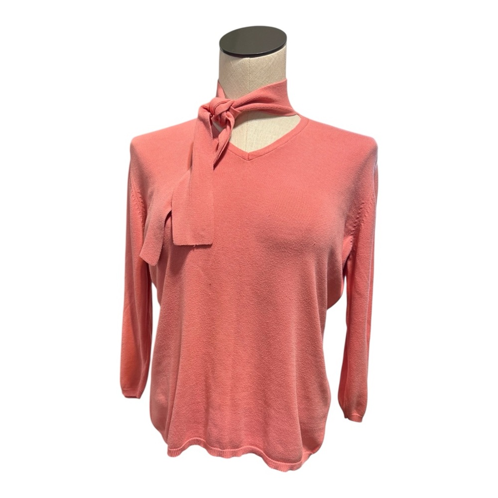 True 90s Vintage Silk Cotton Tie Neck Knit Coral Sweater Grandma Core Sz L Y2K